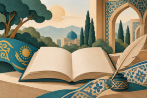 Открытая книга и перо на фоне орнаментов — иллюстрация о поэзии Абая, созданная ИИ